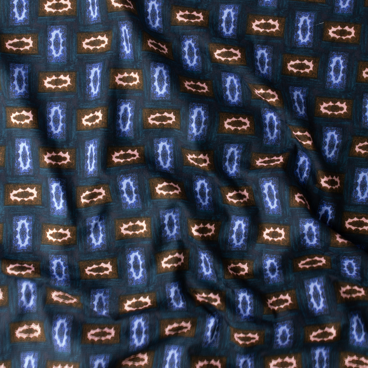 Brick and Blue Tiles on Teal Japanese Printed Cotton Jaquard #30852 Fabric By The Yard - Wide shot