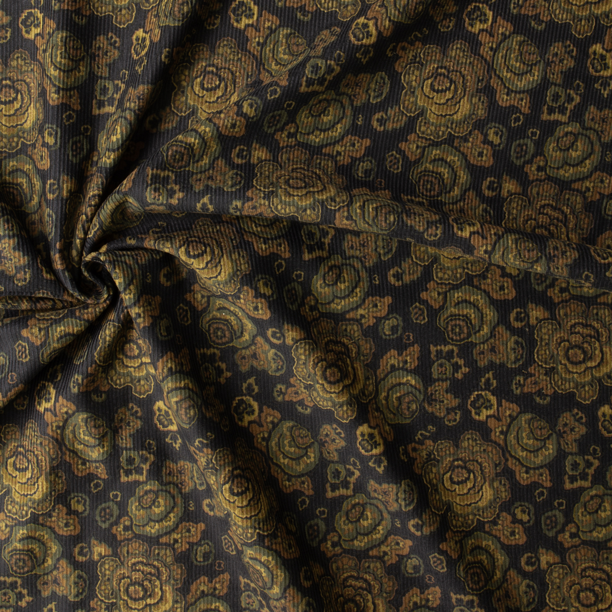 Black, Olive, and Brown Floral Paisley Japanese Stretch 8-Wale Corduroy #30876 Fabric By The Yard - Wide shot