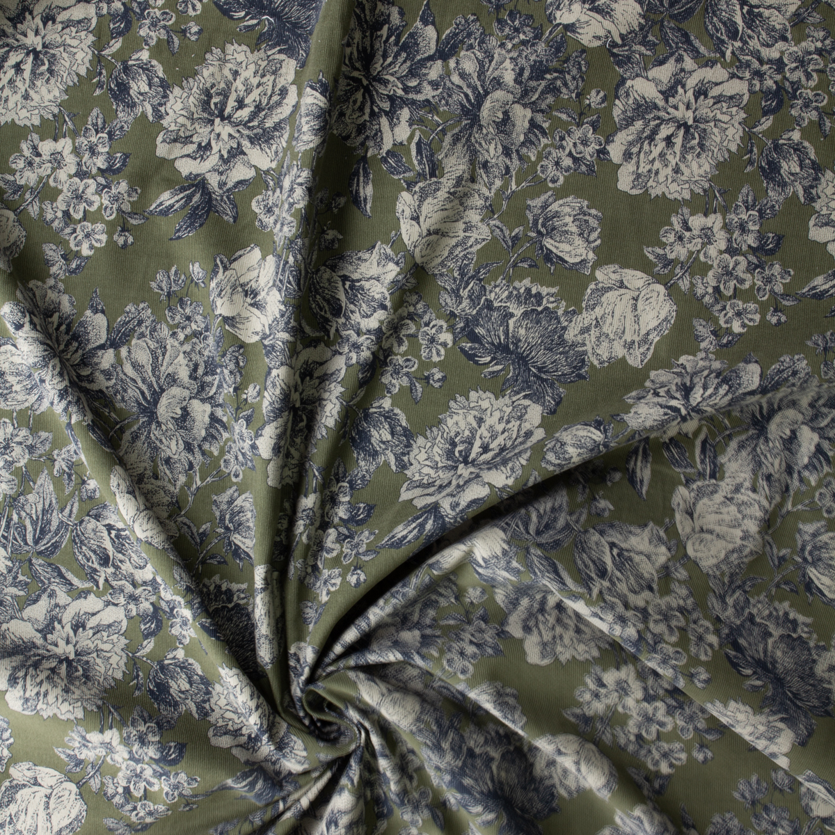 Woodcut Rose Floral on Dark Olive Hokkoh Japanese Pinwhale Corduroy #30882 Fabric By The Yard - Wide shot