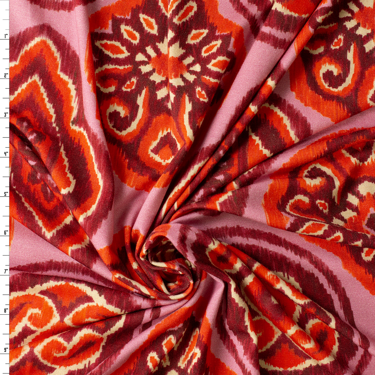 Wine and Red Ikat Medallions on Pink Italian Stretch Rayon Jersey Knit #31151 Fabric By The Yard