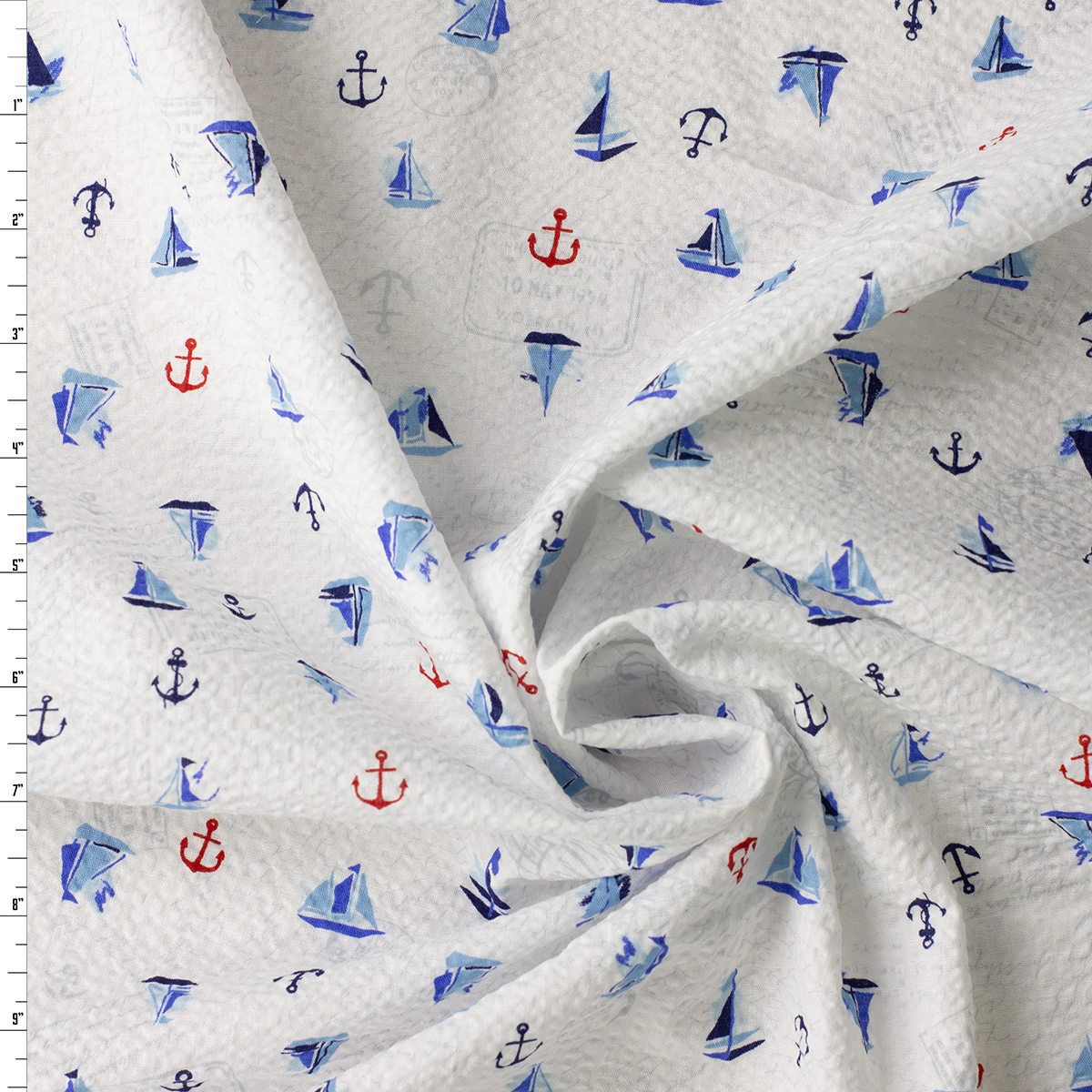 White Sailboats and Anchors Japanese Cotton Plissé from Robert Kaufman #31200 Fabric By The Yard