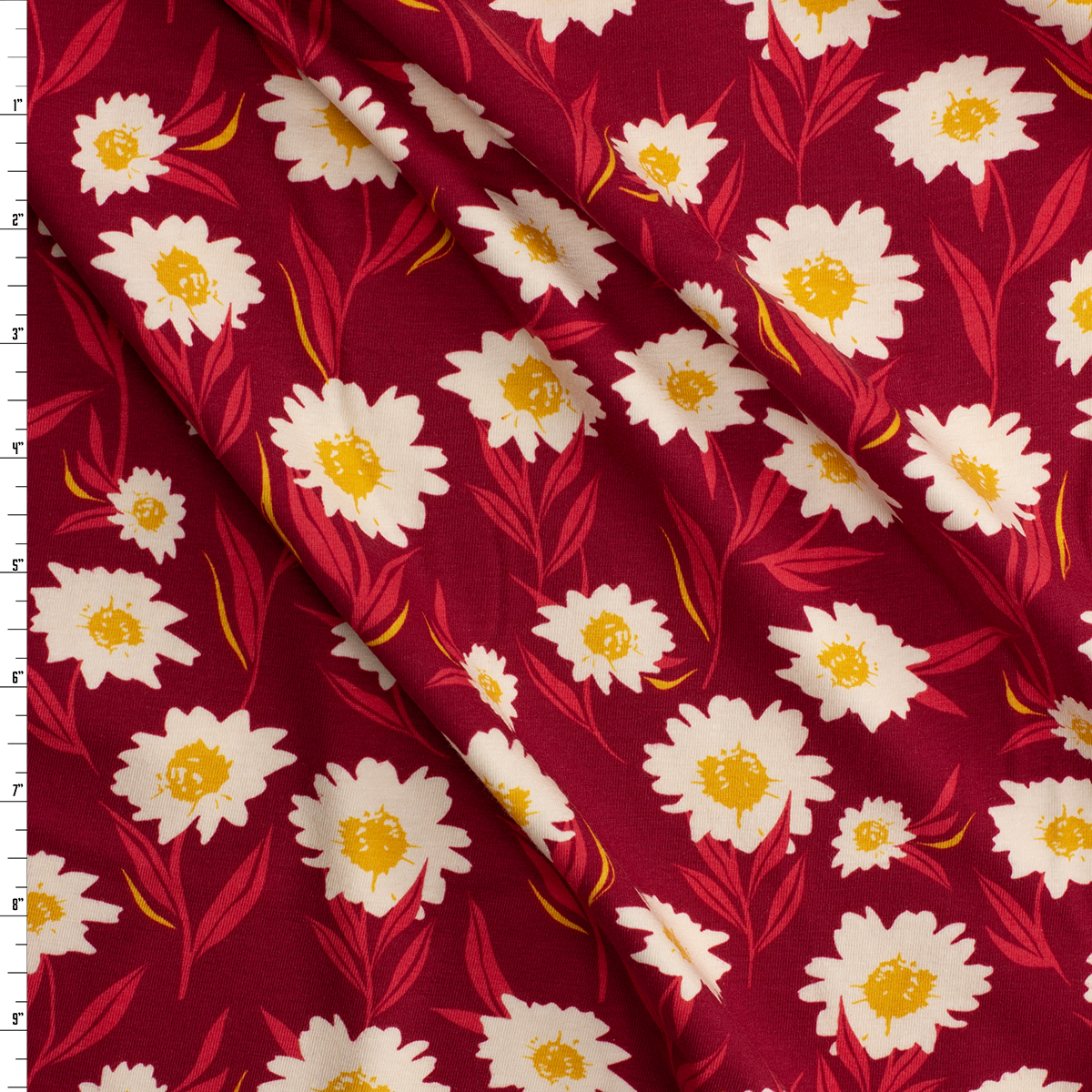 Season and Spice Bountiful Daisies Cherry Stretch Cotton Jersey Knit from Art Gallery Fabrics #31229 Fabric By The Yard