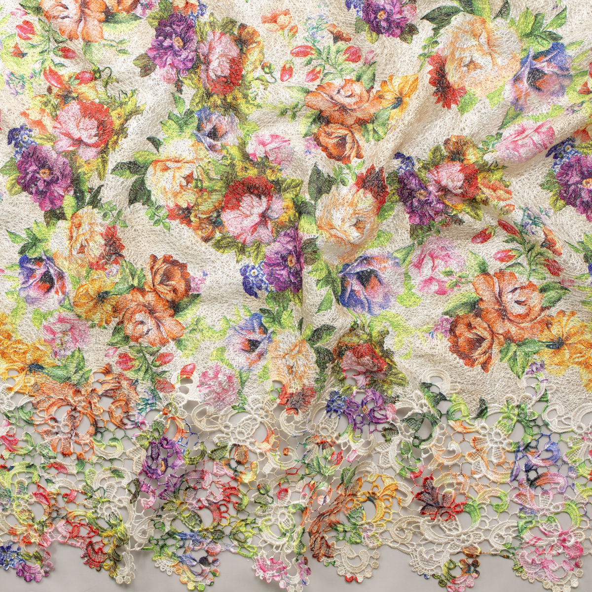 Vibrant Spring Floral Print on Ivory Guipure Lace #31276 Fabric By The Yard - Wide shot