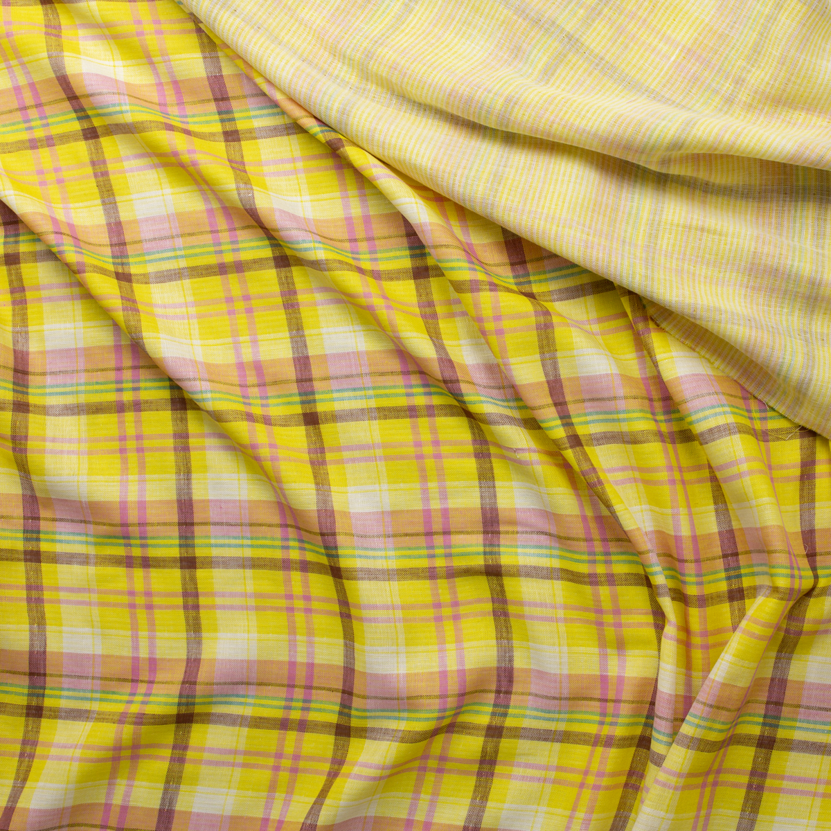 Yellow, Pink, and Lime Plaid Reversible Double Gauze #31279 Fabric By The Yard - Wide shot