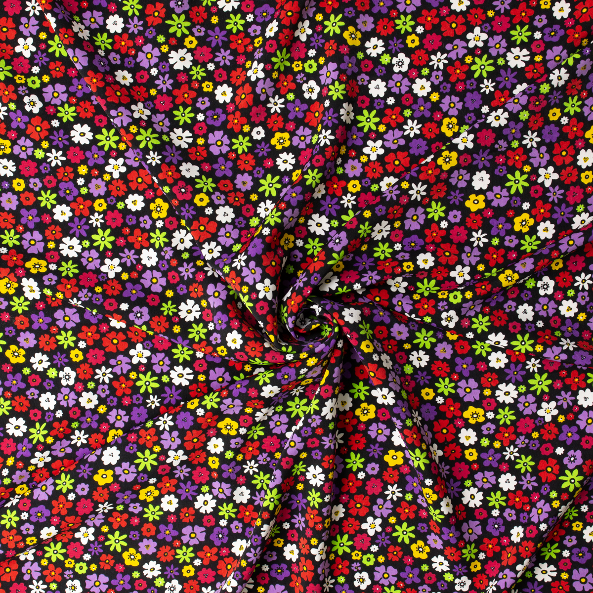 Bright Floral on Black Polyester Peachskin #31290 Fabric By The Yard - Wide shot