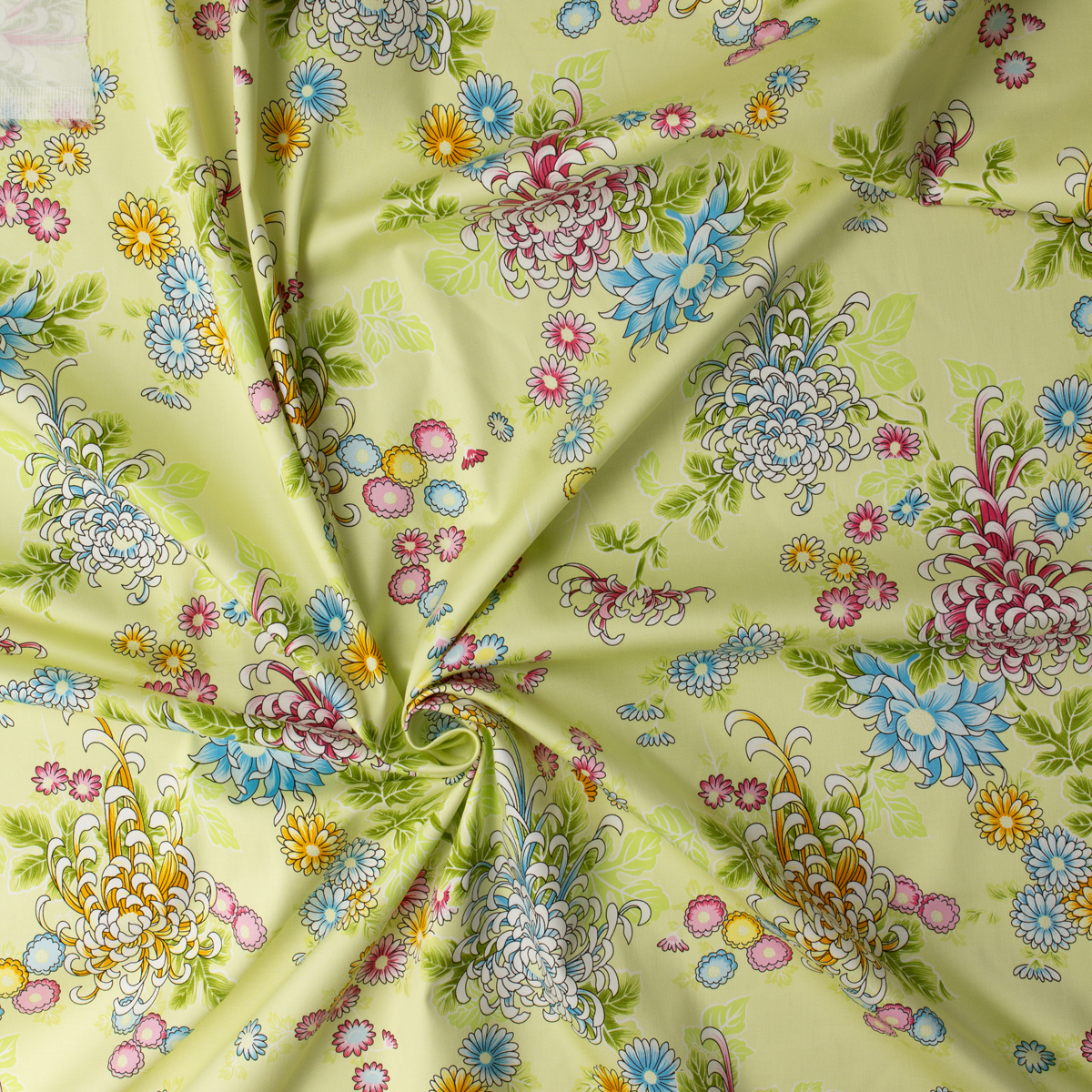 Limeade Chrysanthemum Garden Stretch Cotton Sateen #31309 Fabric By The Yard - Wide shot