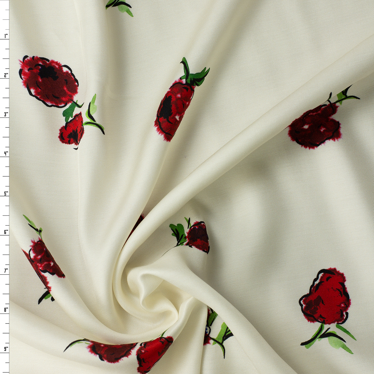 Deep Red Floral on Ivory Viscose Twill #31313 Fabric By The Yard