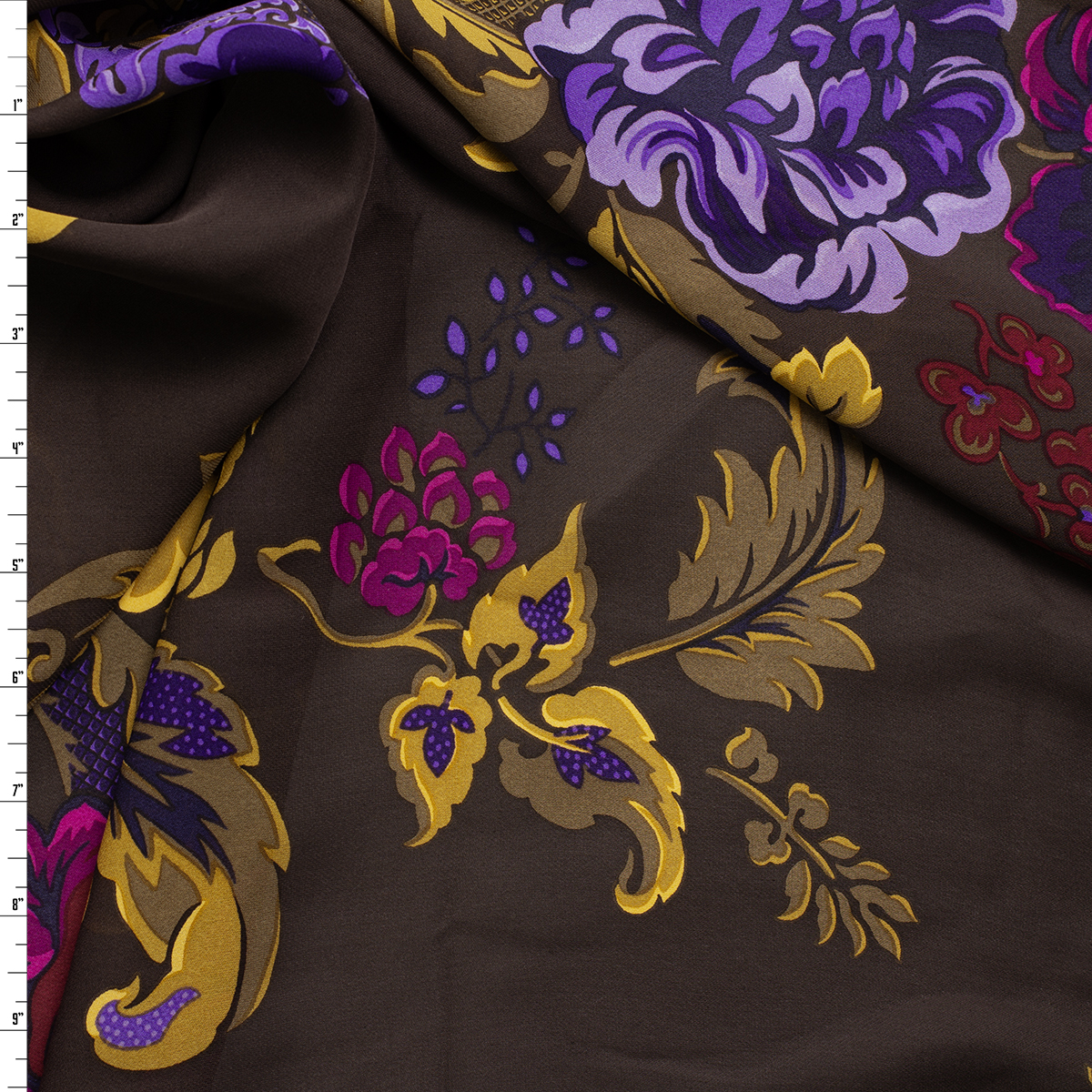 Scrollwork Floral on Rich Brown Silk Chiffon #31320 Fabric By The Yard