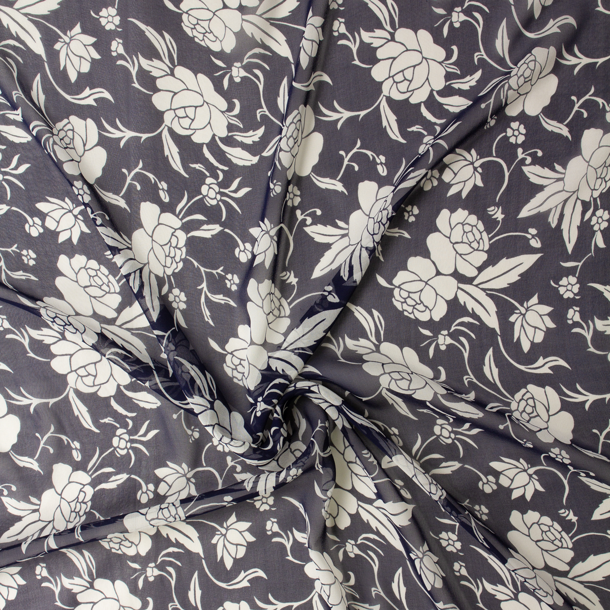 White on Navy Rose Vines Silk Chiffon #31321 Fabric By The Yard - Wide shot