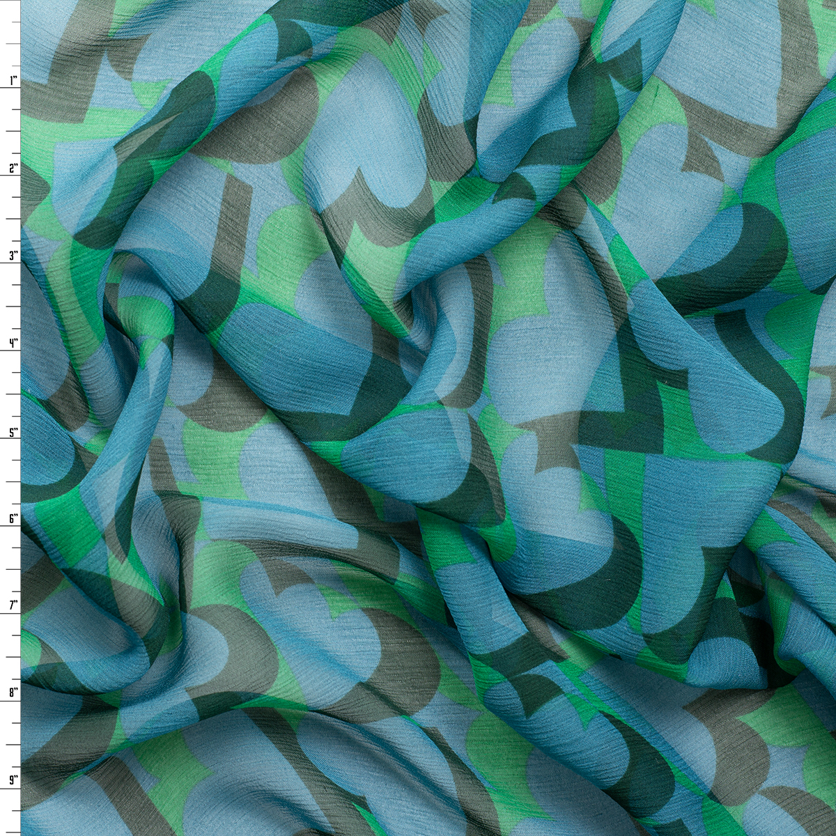 Teal Shadowed Hearts on Lime Crinkle Silk Chiffon #31326 Fabric By The Yard