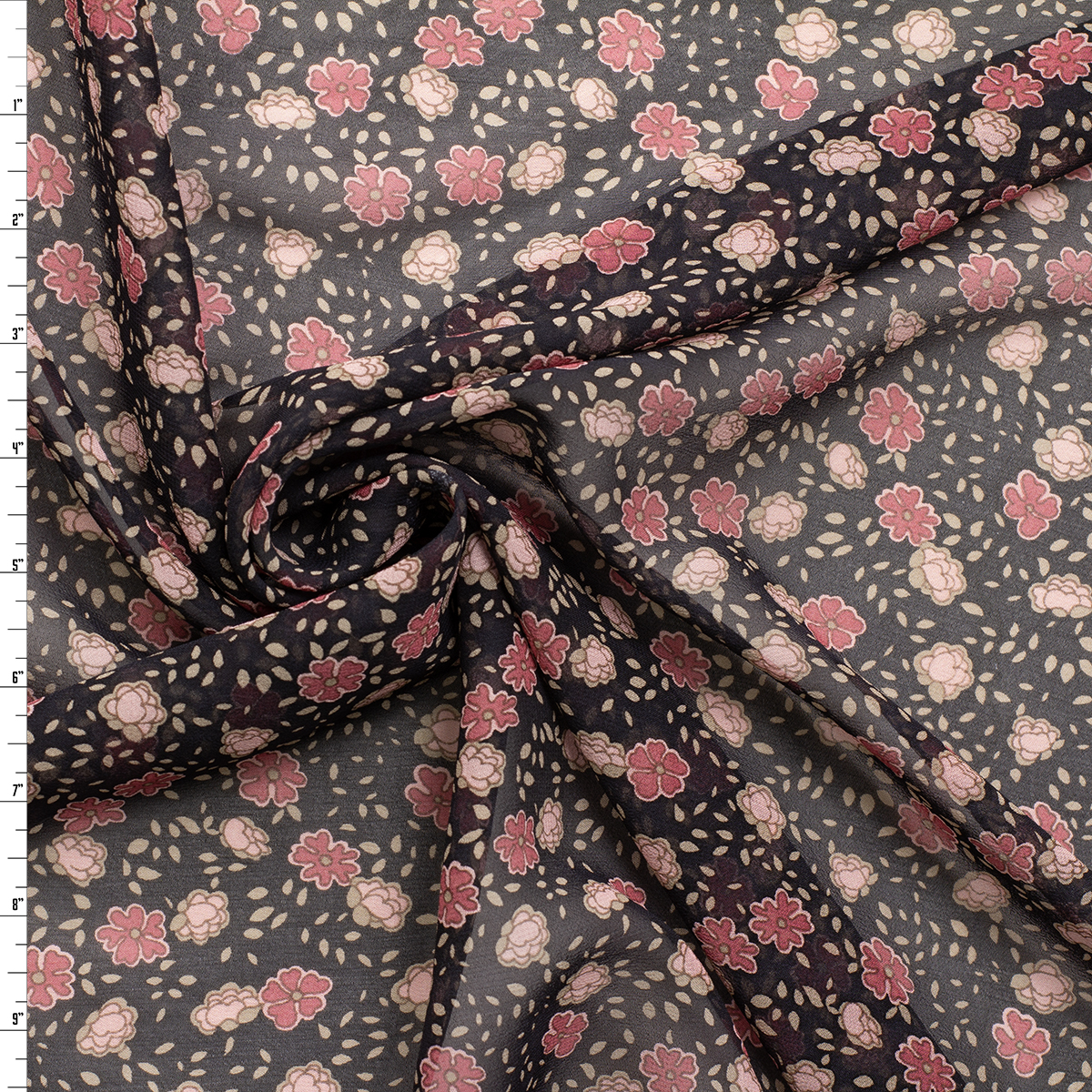 Pink and Tan Floral on Black Silk Chiffon #31327 Fabric By The Yard