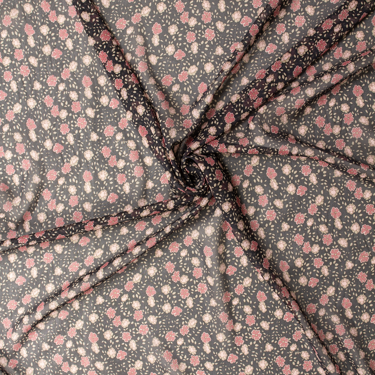 Pink and Tan Floral on Black Silk Chiffon #31327 Fabric By The Yard - Wide shot