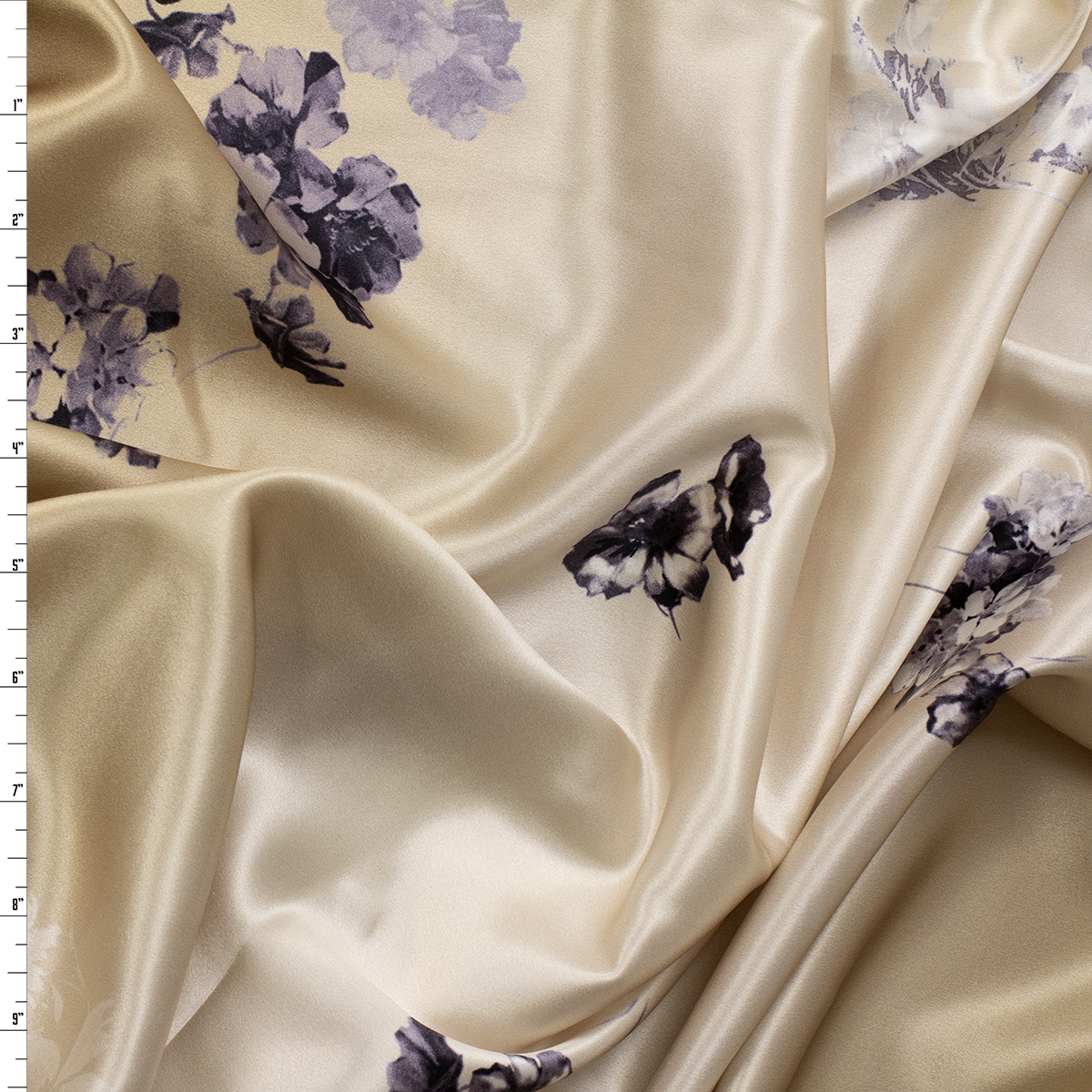 Greyscale Blossoms on Tan/Ivory Ombré Silk Charmeuse #31334 Fabric By The Yard