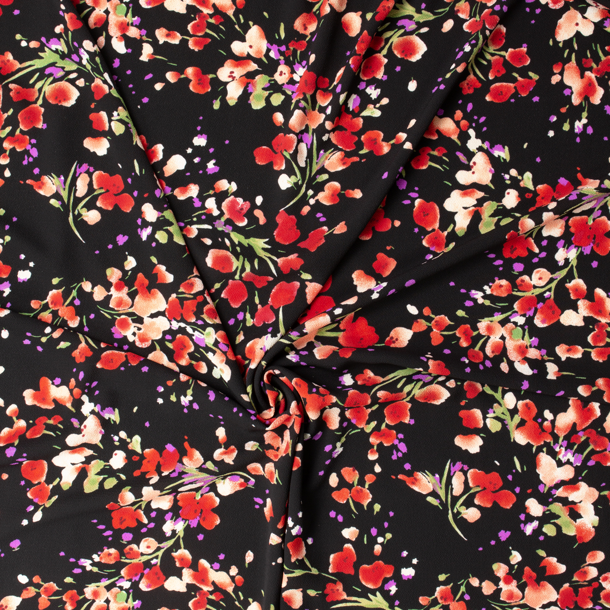 Hot Pink Watercolor Floral on Black Polyester Bubble Crepe #31407 Fabric By The Yard - Wide shot