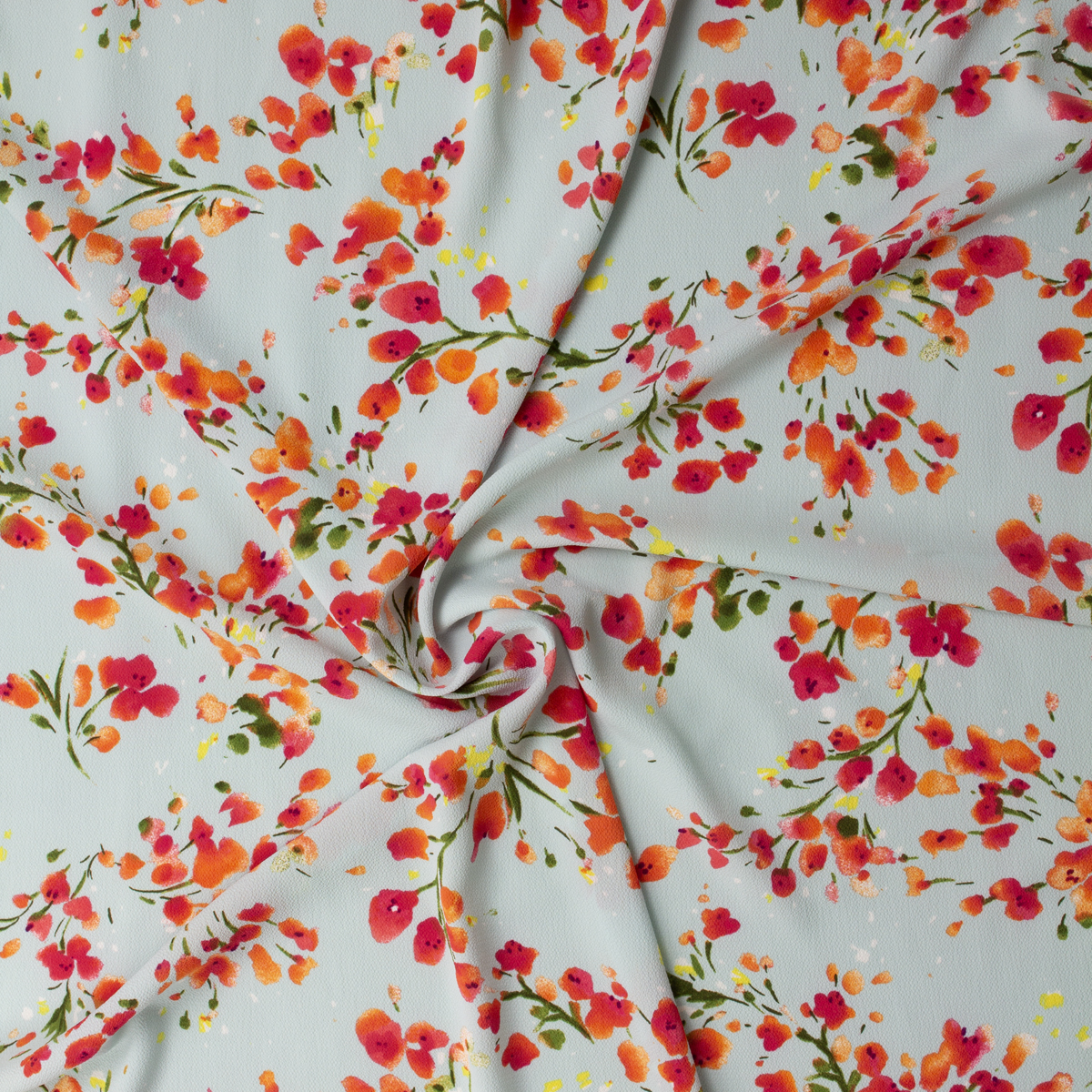 Hot Pink Watercolor Floral on Sky Blue Polyester Bubble Crepe #31408 Fabric By The Yard - Wide shot