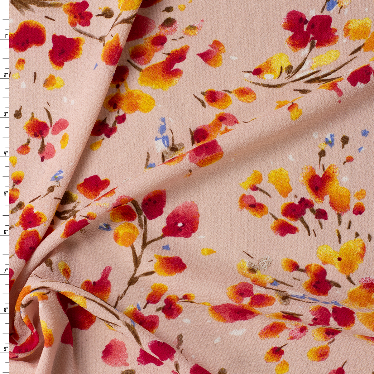 Hot Pink Watercolor Floral on Blush Polyester Bubble Crepe #31409 Fabric By The Yard
