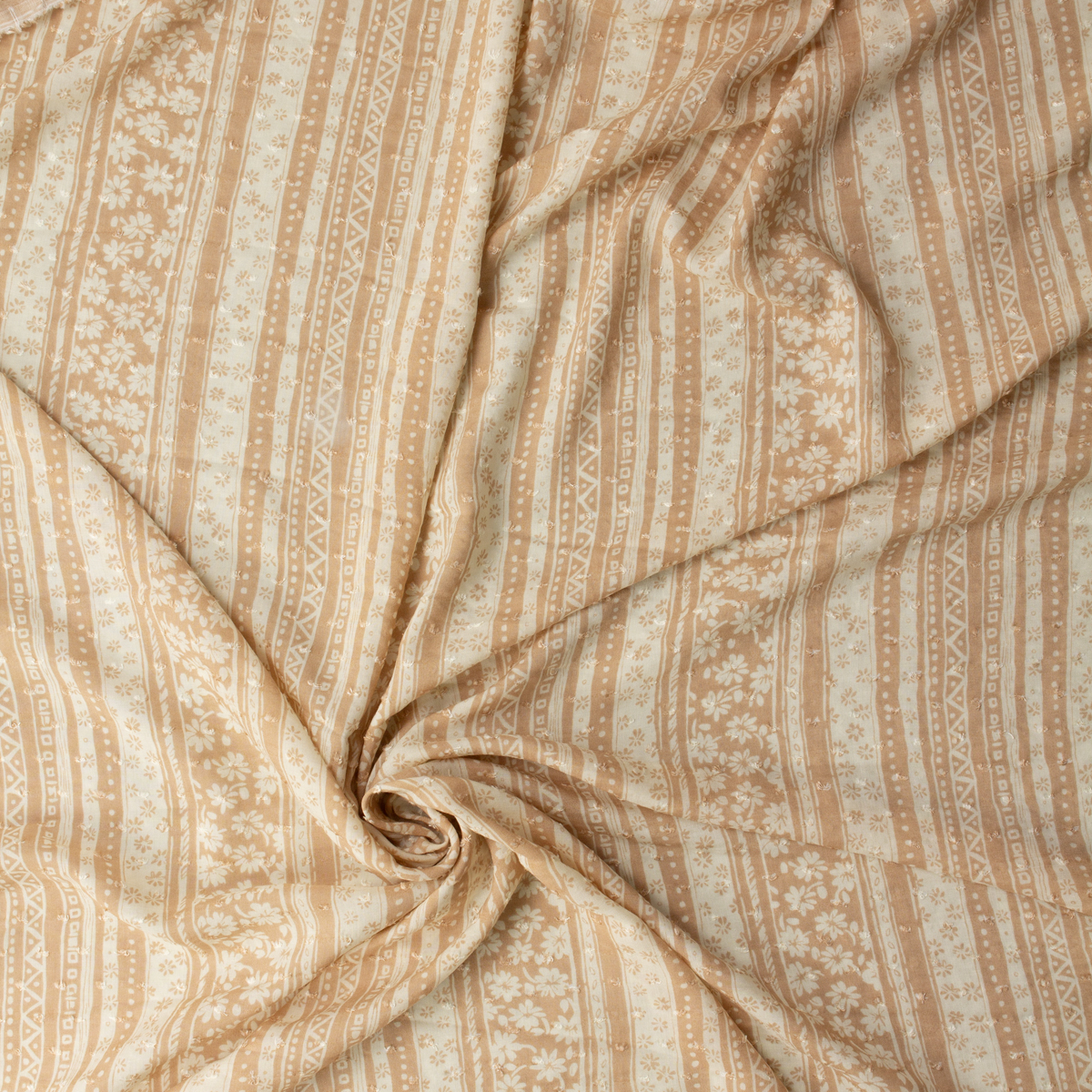 Soft Tan and Ivory Vertical Floral Stripe Rayon Swiss Dot Challis #31529 Fabric By The Yard - Wide shot