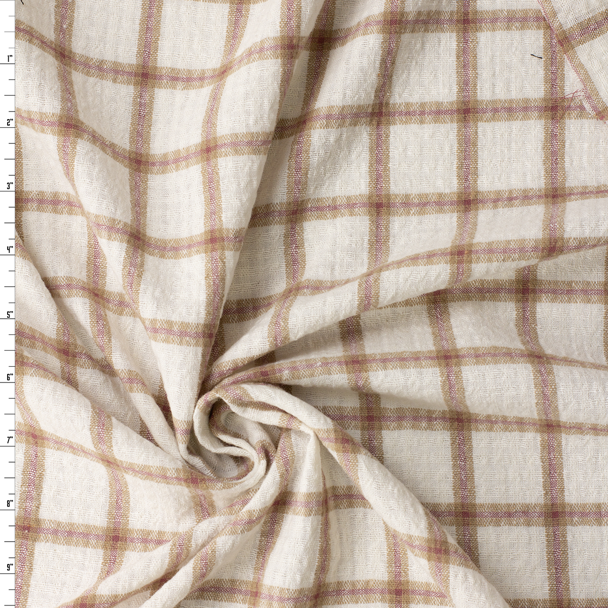 Tan and Marsala on Ivory Plaid Brushed Gauzy Cotton Seersucker #31604 Fabric By The Yard