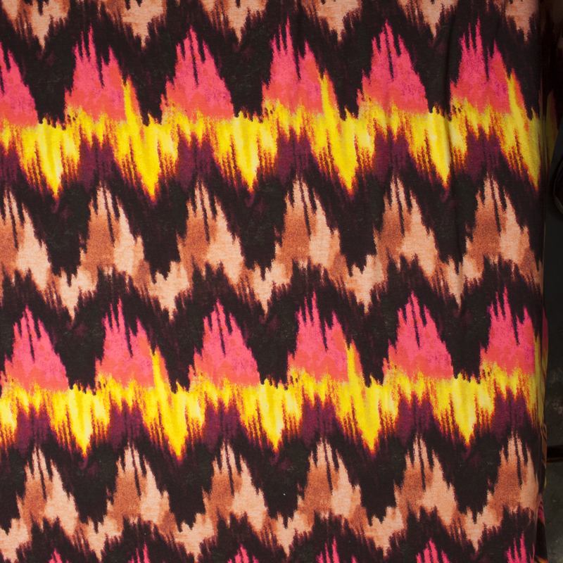 Brown, Coral, and Yellow Ikat Print Jersey Knit #15305