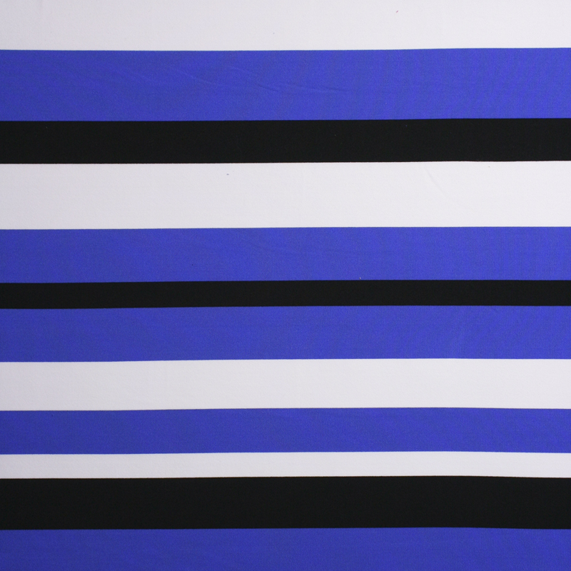 Blue, Black, and White Striped 4-Way Stretch Poly/Rayon/Lycra Knit