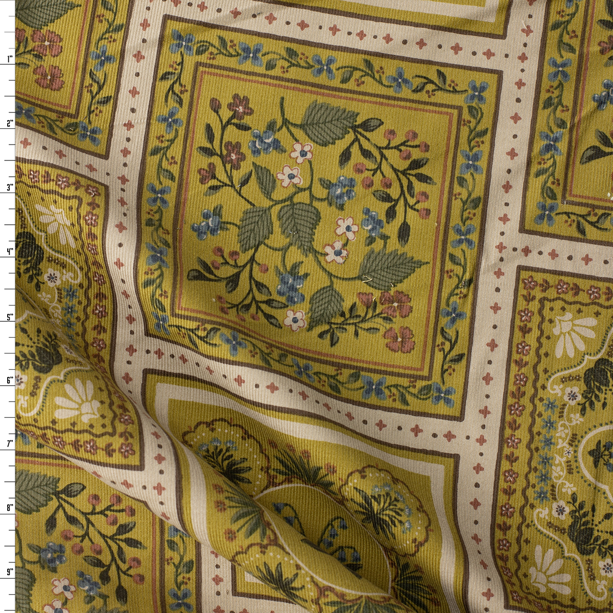 Mustard on Tan Tiled Floral Japanese Pinwale Corduroy from Hokkoh #31740 Fabric By The Yard