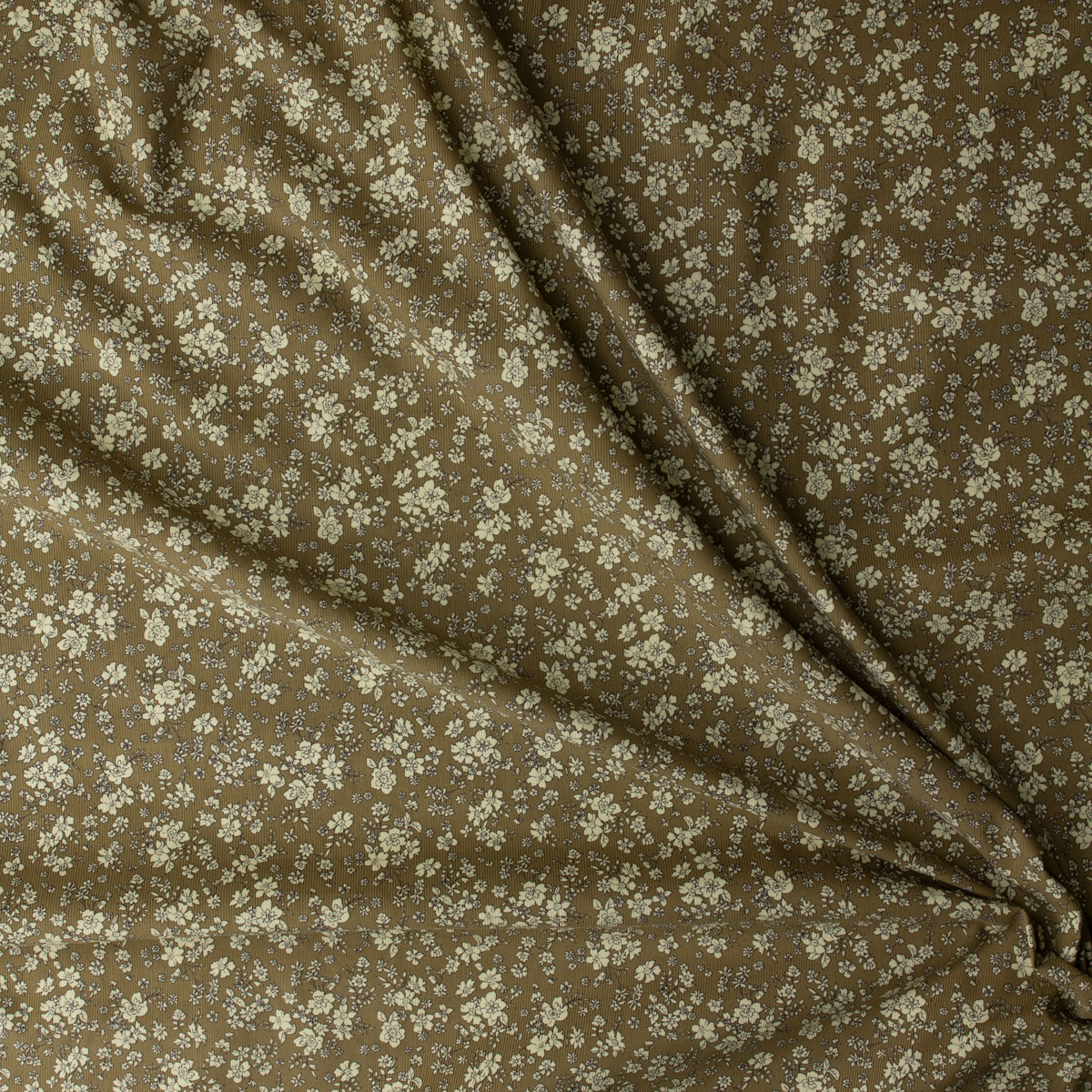 Ivory on Mocha Floral Vines Japanese Pinwale Corduroy from Hokkoh #31742 Fabric By The Yard - Wide shot