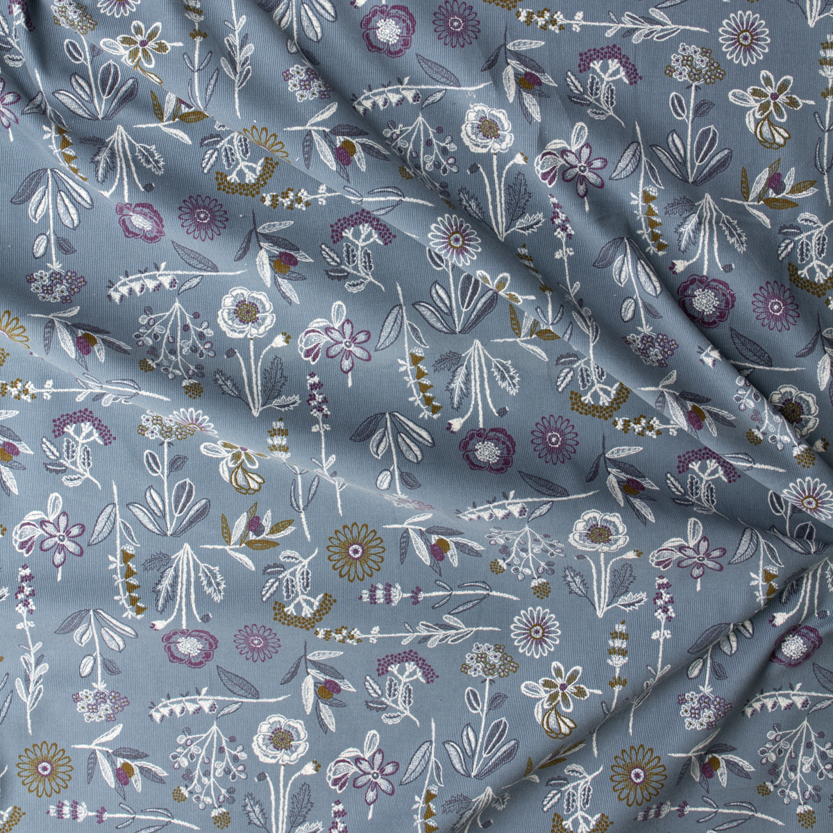 Keepsake Wildflowers on Slate Japanese Pinwale Corduroy from Hokkoh #31749 Fabric By The Yard - Wide shot