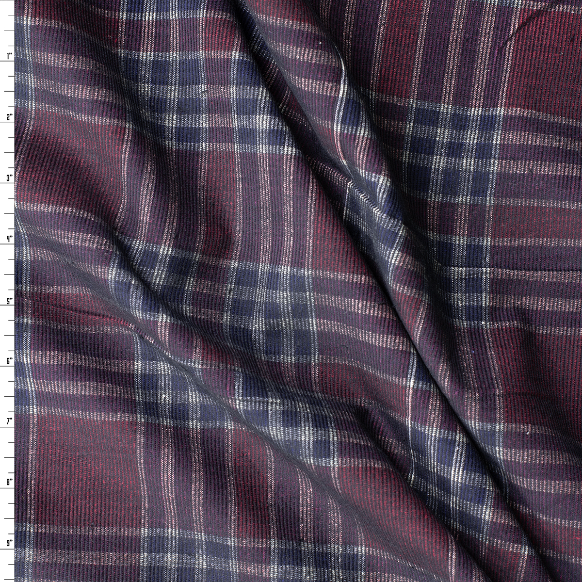 Burgundy and Navy Plaid Italian Designer 14 Wale Corduroy #31767 Fabric By The Yard