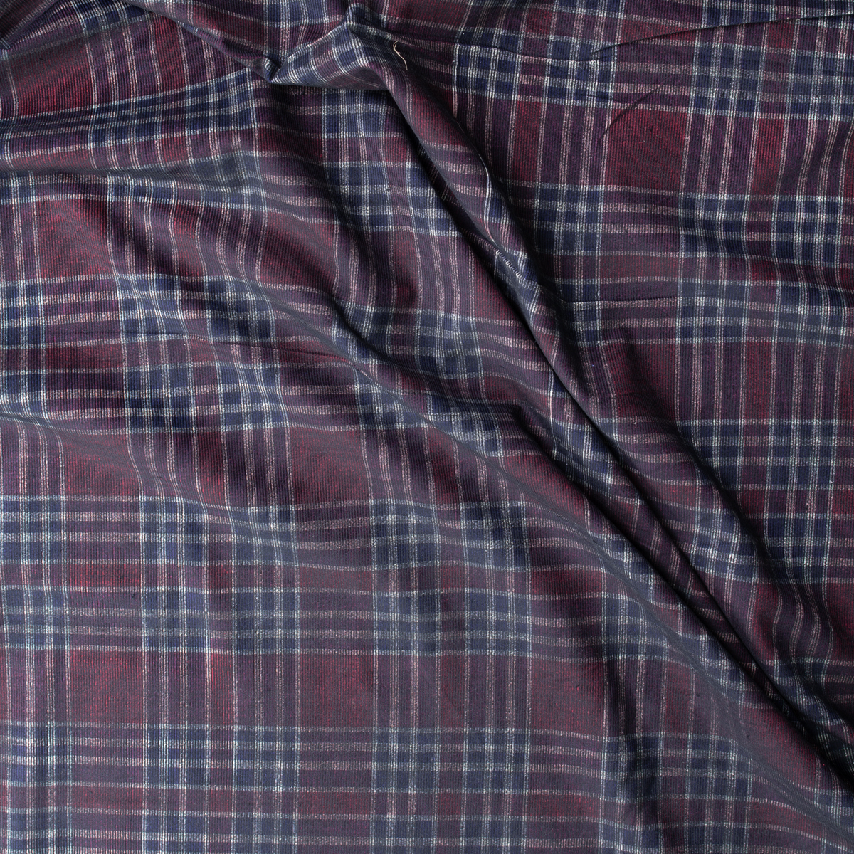 Burgundy and Navy Plaid Italian Designer 14 Wale Corduroy #31767 Fabric By The Yard - Wide shot