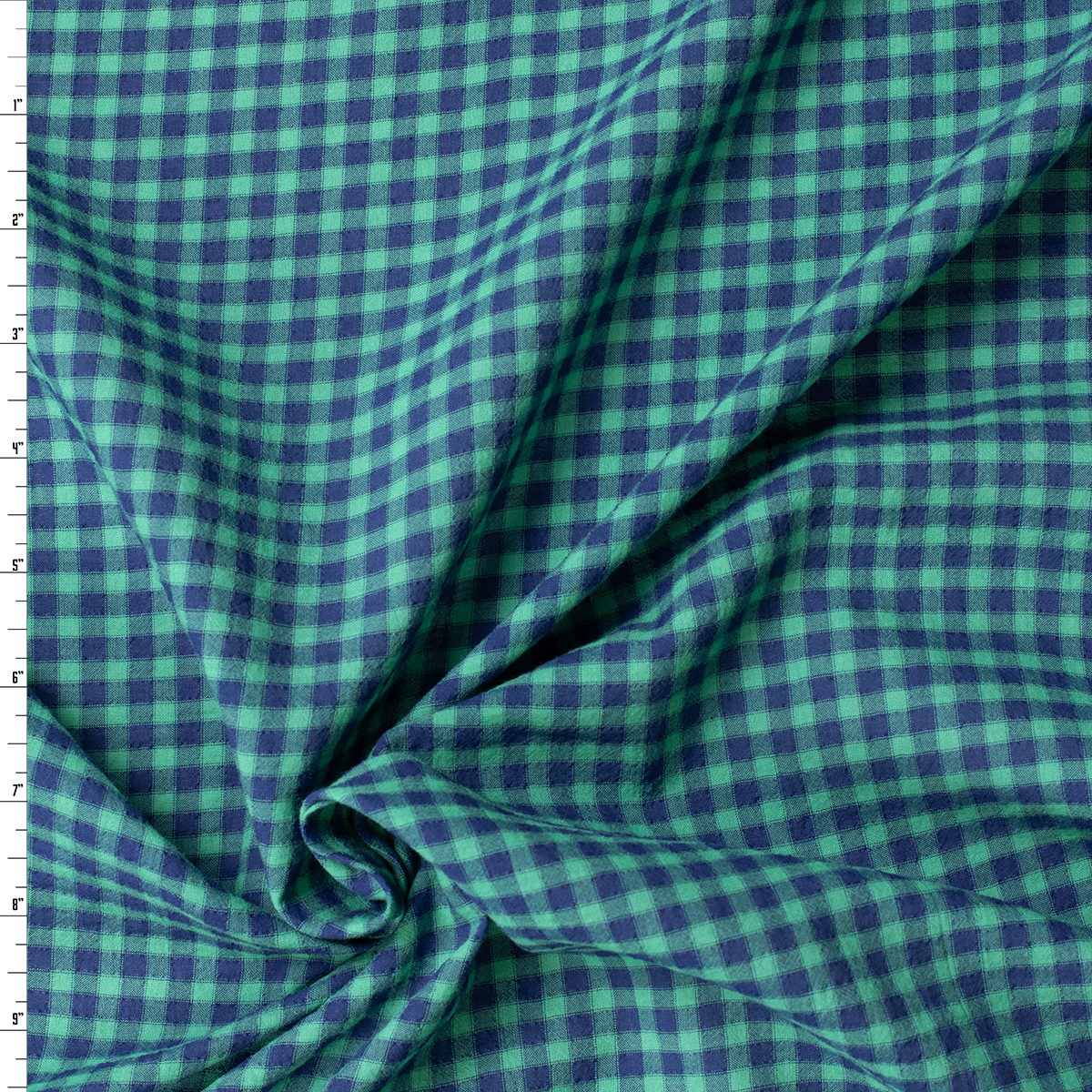 Navy and Green Plaid Cotton Seersucker #31803 Fabric By The Yard