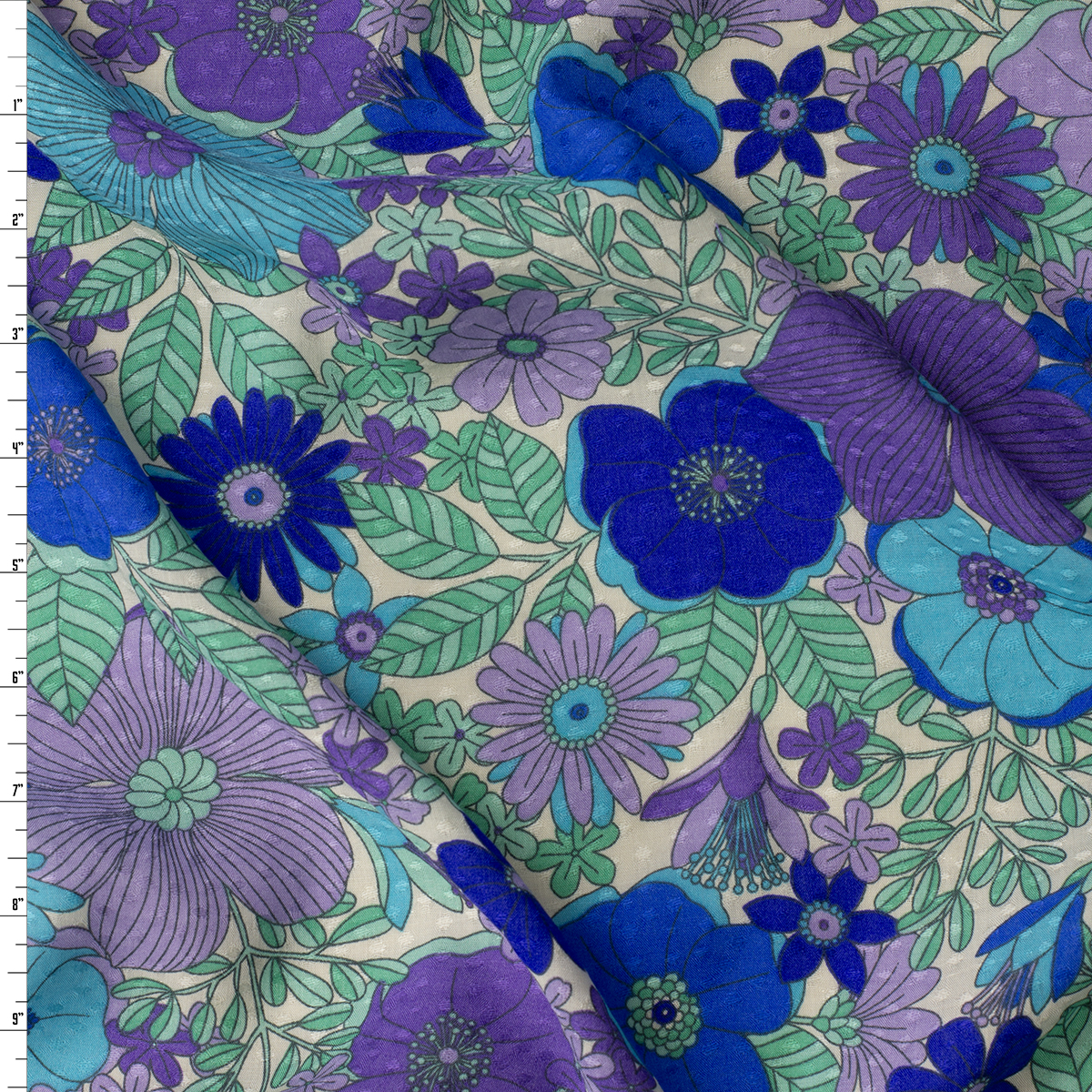 Lilac, Aqua, and Mint Retro Floral Jacquard Dot Rayon Challis #31807 Fabric By The Yard
