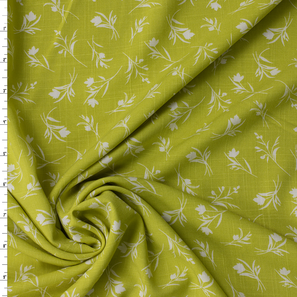 White on Bright Lime Floral Silhouettes Linen Look Rayon Woven #31818 Fabric By The Yard