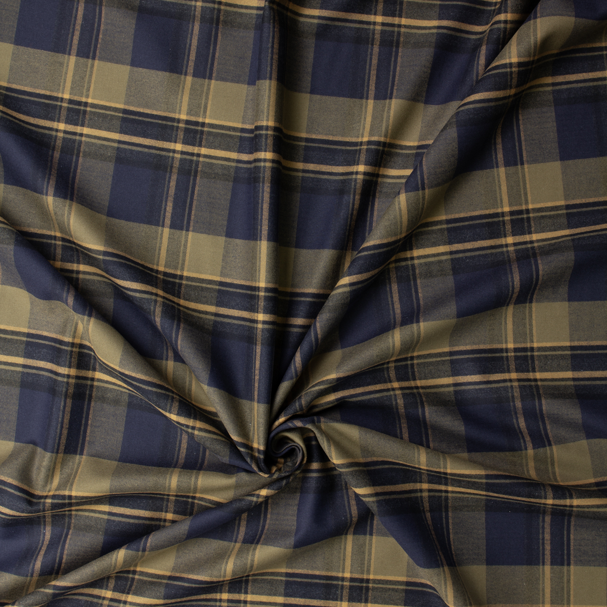 Olive, Navy, and Tan Plaid Italian Designer Brushed Cotton #31825 Fabric By The Yard - Wide shot