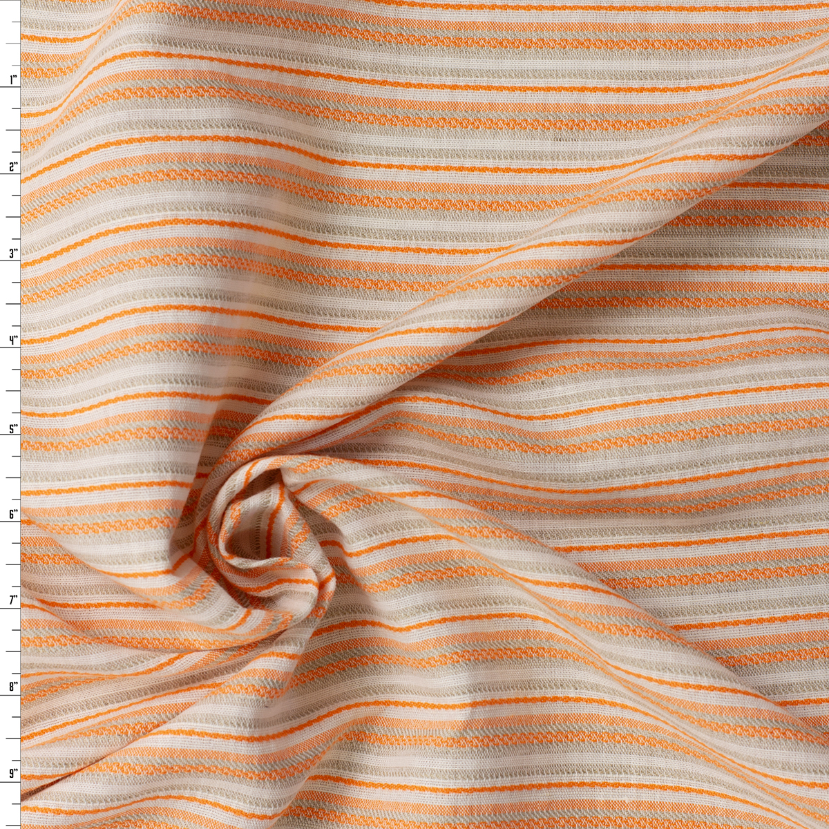 Summer Orange, Tan, and Offwhite Horizontal Stripe Italian Designer Cotton/Linen #31834 Fabric By The Yard