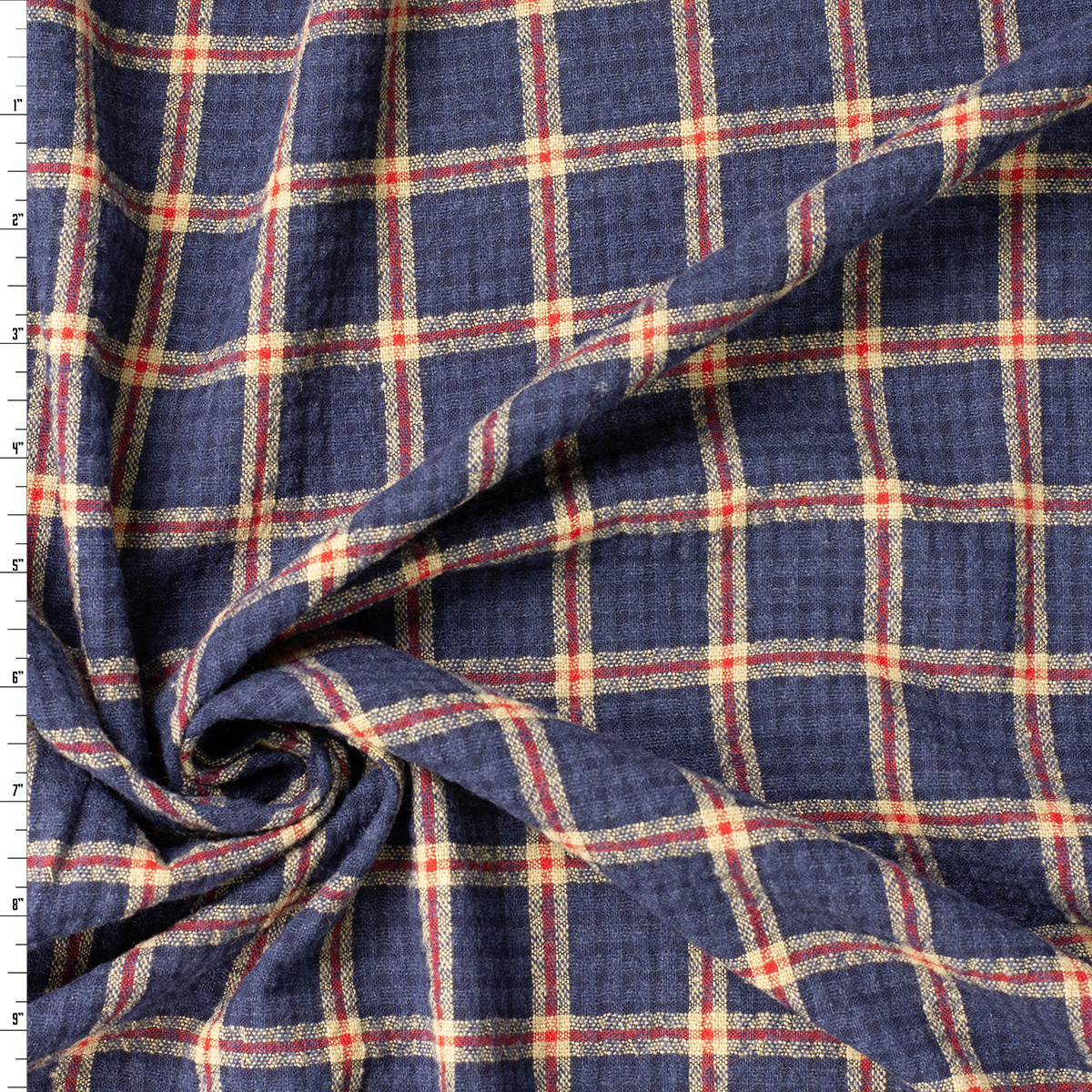 Red, Tan, and Navy Plaid Brushed Gauzy Cotton Seersucker #31853 Fabric By The Yard