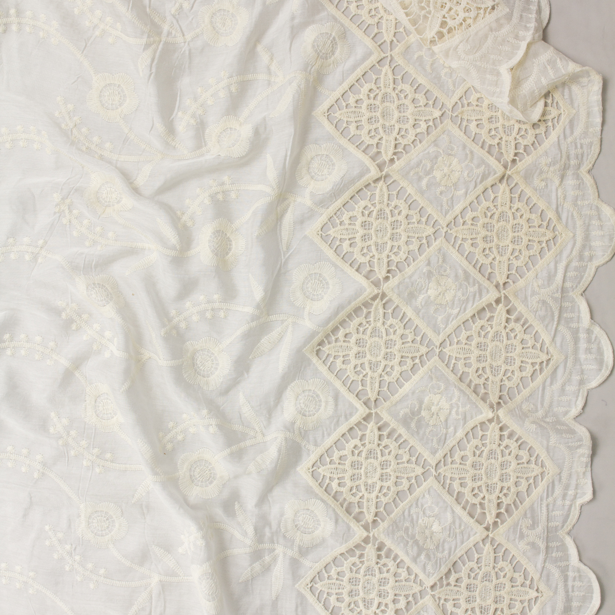 Double Bordered Heirloom Ivory Lacework  Italian Designer Embroidered Cotton/Silk #31858 Fabric By The Yard - Wide shot