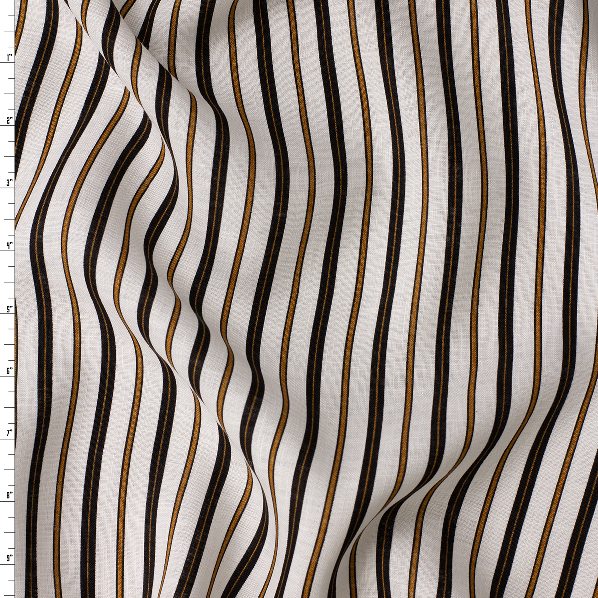 Black and Tan Rustic Stripe on White Designer Linen #31916 Fabric By The Yard