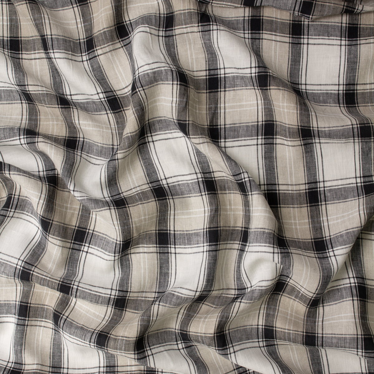Tan, White, and Black Plaid Designer Linen #31917 Fabric By The Yard - Wide shot