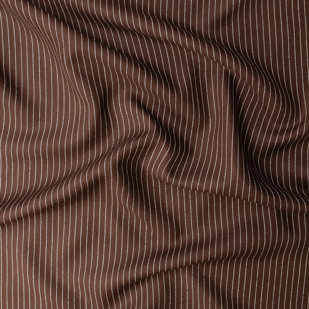 White Vertical Pinstripe on Brown Designer Linen #31920 Fabric By The Yard - Wide shot