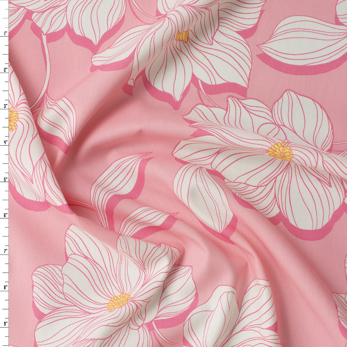 White Wavy Floral on Pink Lightweight Stretch Cotton Poplin #31936 Fabric By The Yard