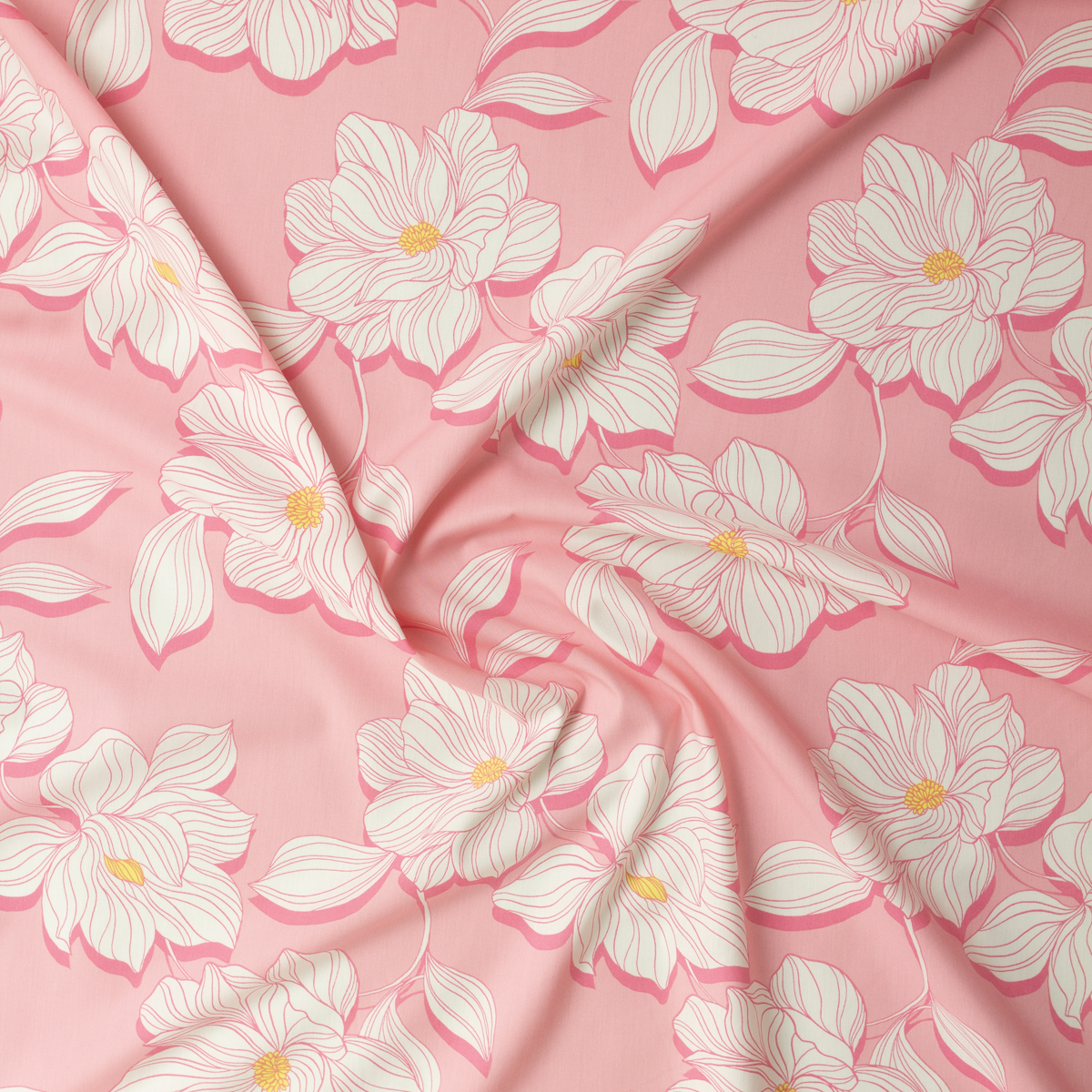 White Wavy Floral on Pink Lightweight Stretch Cotton Poplin #31936 Fabric By The Yard - Wide shot