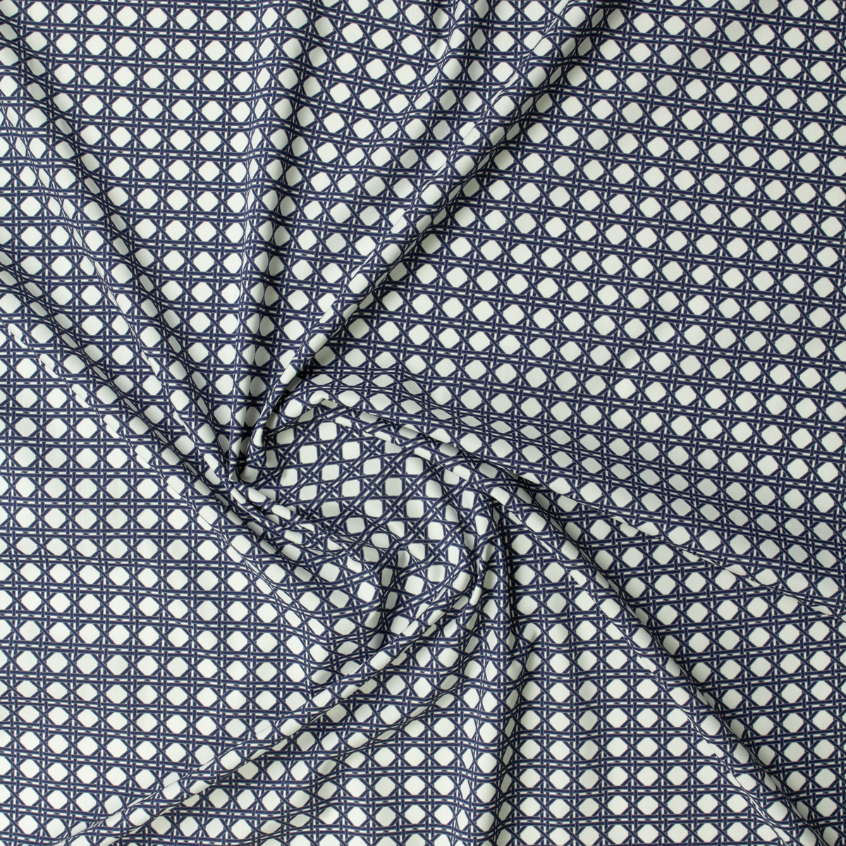 Navy Geometric Weave on White Lightweight Stretch Cotton Poplin #31937 Fabric By The Yard - Wide shot