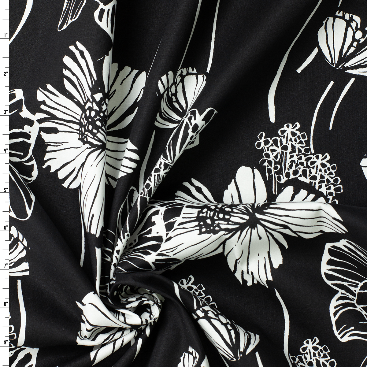 White on Black Cutout Floral Stretch Cotton/Poplin #31943 Fabric By The Yard