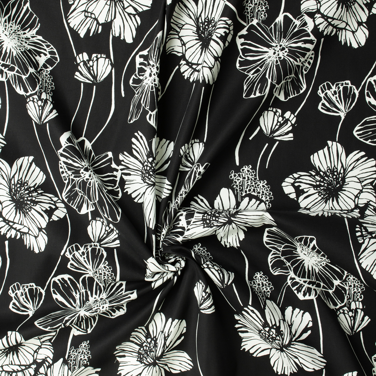 White on Black Cutout Floral Stretch Cotton/Poplin #31943 Fabric By The Yard - Wide shot