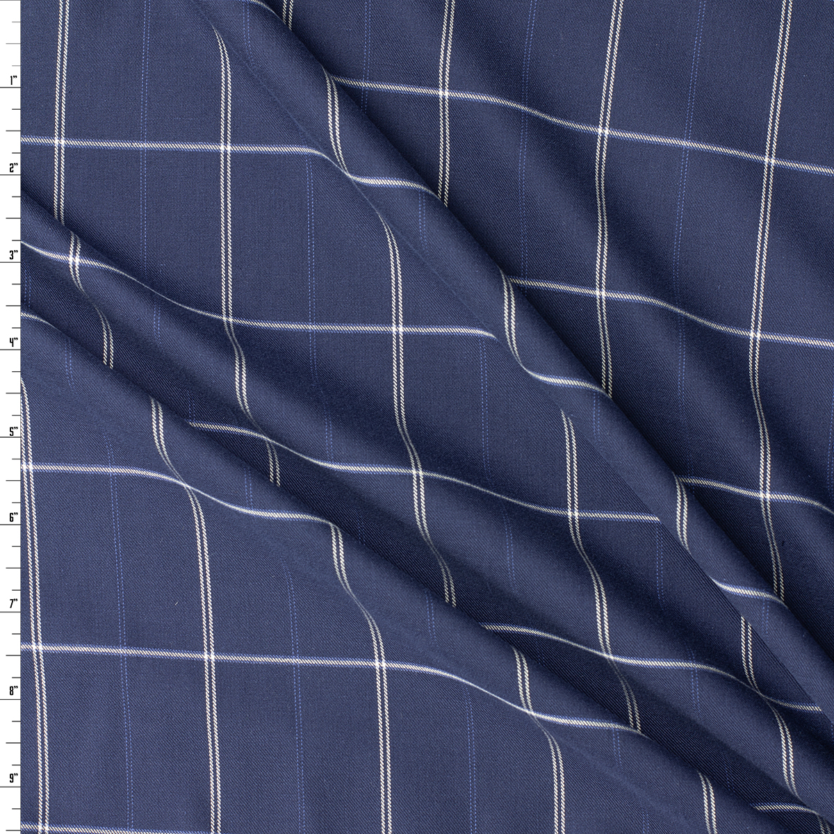White on Navy Fine Plaid Stretch Brushed Cotton Twill Shirting #31945 Fabric By The Yard