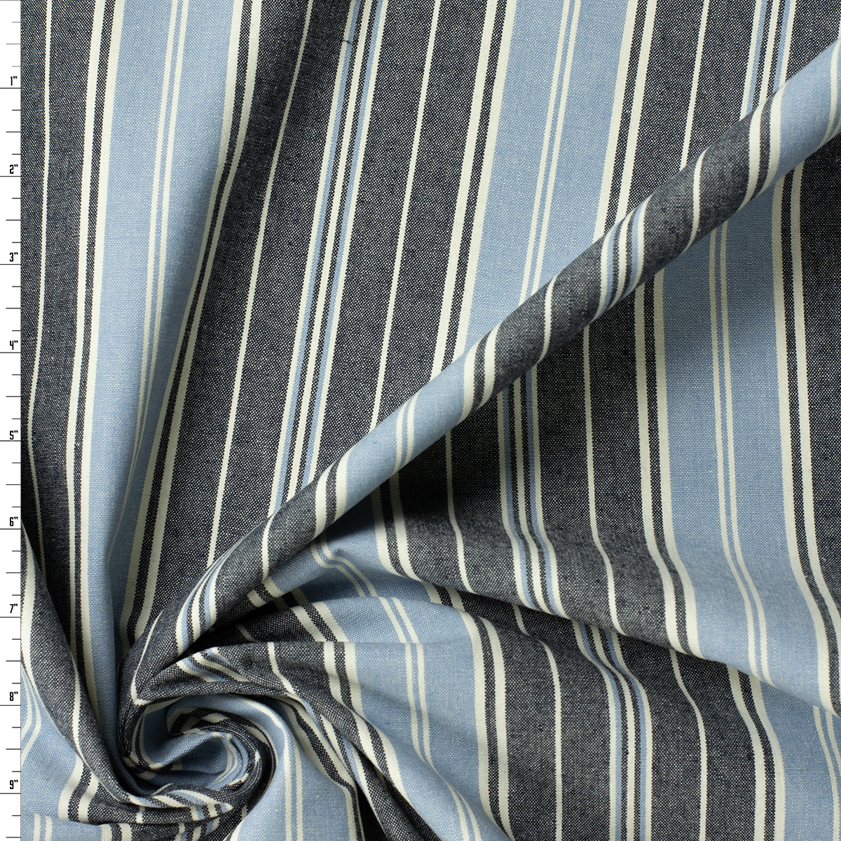 Black, Ivory, and Light Blue Vertical Stripe Midweight Cotton/Linen Chambray #31949 Fabric By The Yard