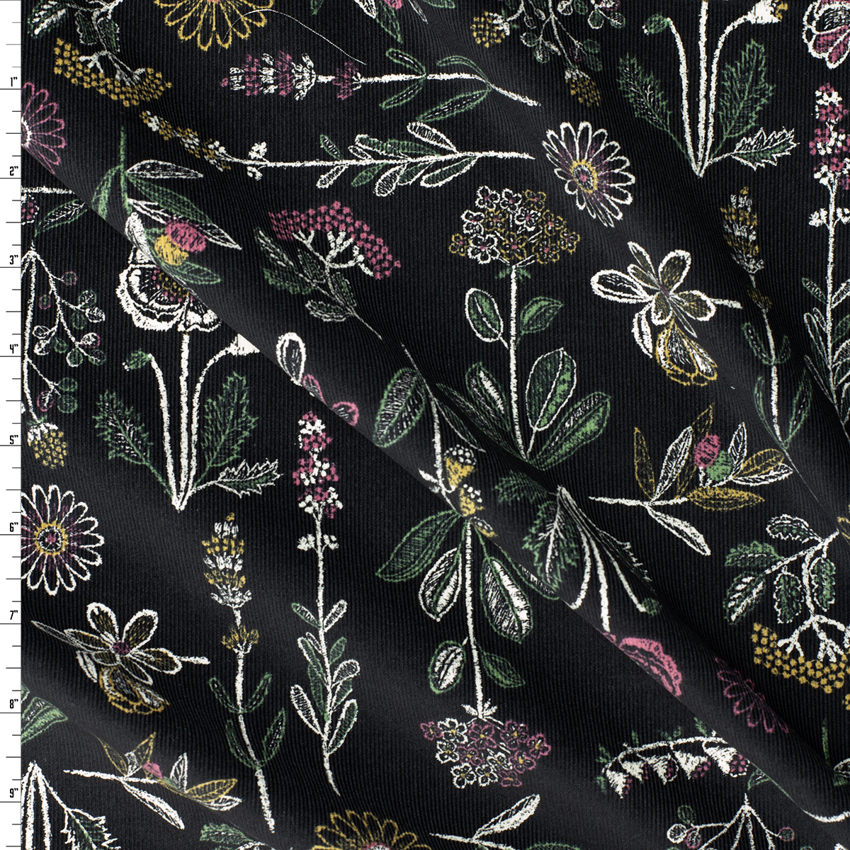 Keepsake Wildflowers on Black Japanese Micro Wale Corduroy from Hokkoh #31954 Fabric By The Yard
