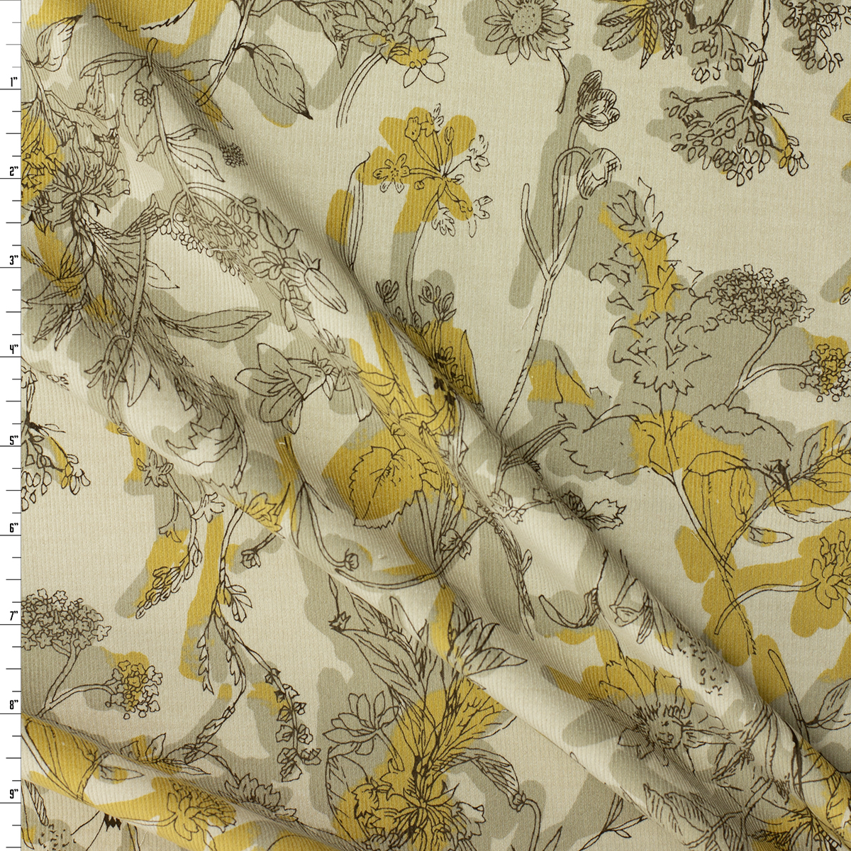Taupe and Mustard Sketchbook Floral on Light Tan Japanese Micro Wale Corduroy from Hokkoh #31958 Fabric By The Yard