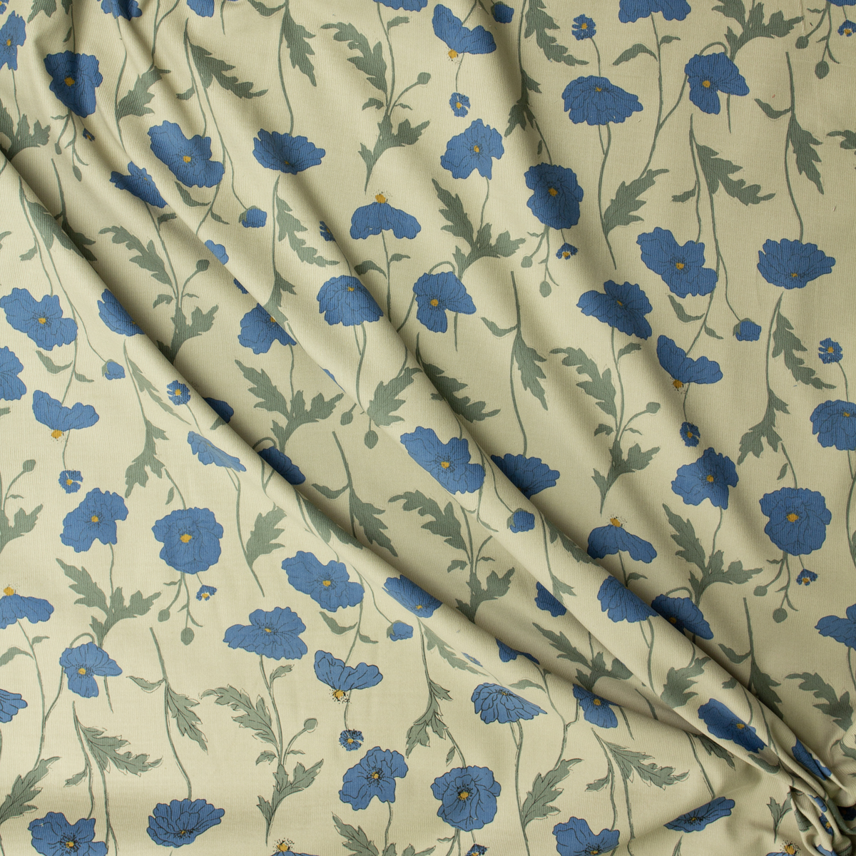 Cobalt and Tan Floral on Light Tan Japanese Micro Wale Corduroy from Hokkoh #31959 Fabric By The Yard - Wide shot
