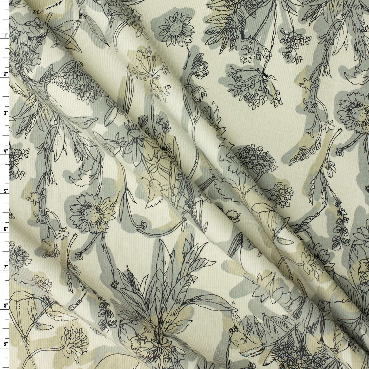 Tan and Taupe Sketchbook Floral on Light Tan Japanese Micro Wale Corduroy from Hokkoh #31960 Fabric By The Yard